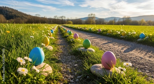 Easter eggs in a field landscape.
