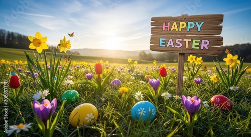 Easter eggs in a colorful flower field.