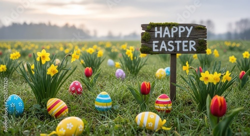 Easter eggs in a flower field.