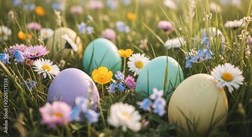 Easter eggs in colorful spring flowers.