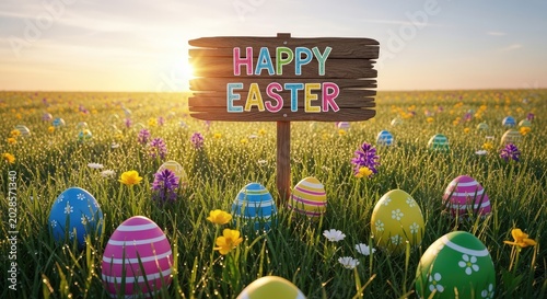 Easter eggs in a spring field.