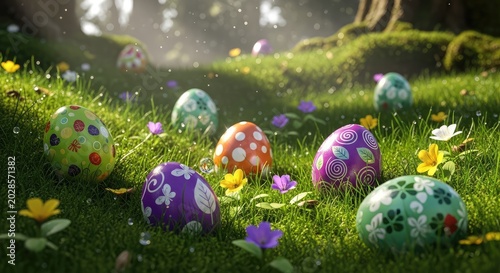 Easter eggs in the grass with flowers.