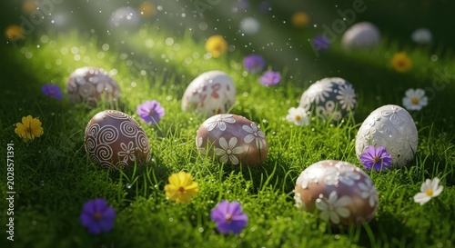 Easter eggs in green grass flowers.