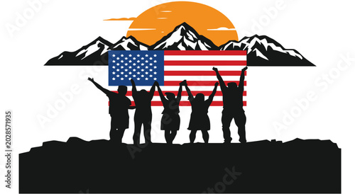 Obraz na płótnie Patriots stand atop a mountain peak while holding the American flag during a beautiful golden sunset