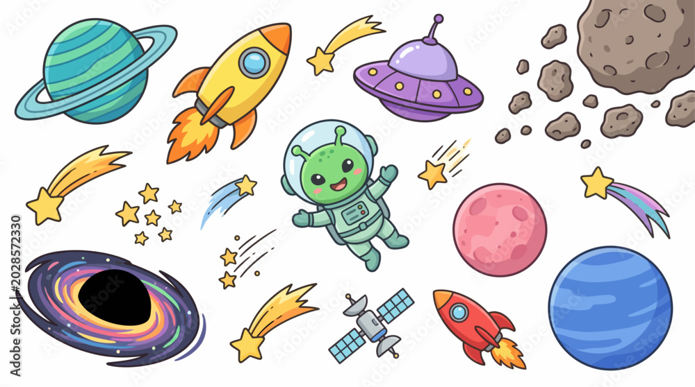 Obraz premium Cute Space Cartoon Elements Collection with Rocket, Planets, Sun and Moon