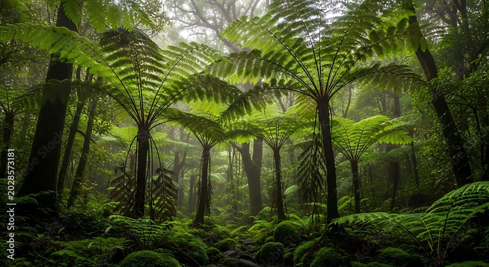 Fototapeta premium Lush Green Tree Ferns Growing in Misty Temperate Rainforest
