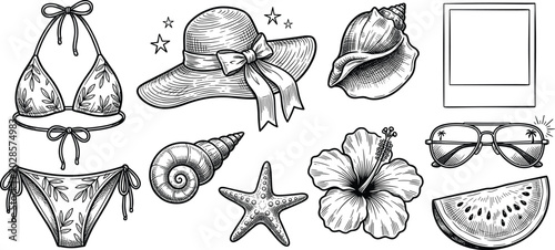 Hand Drawn Summer Vacation Beach Icon Set with Bikini, Sun Hat, Seashells, Starfish, Hibiscus Flower, Sunglasses, and Watermelon Sketch Vector Illustration