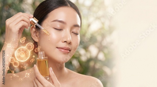 Serene Asian Woman with Eyes Closed Dropping Golden Face Serum from Glass Bottle with Glowing Organic Molecule Overlay on Natural Bokeh Background