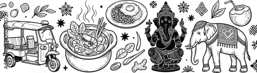 Obraz na plátne Thailand Travel and Culture Seamless Horizontal Border Vector with Hand Drawn Tu