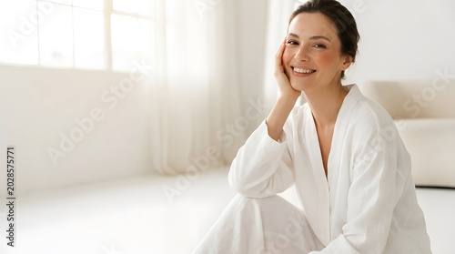 Woman resting comfortably indoors wearing a cozy white robe