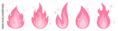 Pink colored fire flame icon set. Cute pastely2k emoji stickers. Emo and gothic tattoo silhouettes. Girly 2000s aesthetic elements.