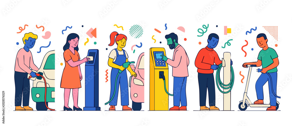 Fototapeta premium Electric vehicle charging station set, people charging cars and electric scooter at modern power stations, flat vector illustration of green energy sustainable transport lifestyle on white background