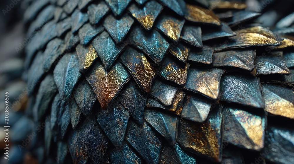 Fototapeta premium Close up view of black snake scales showing diamond shapes and iridescent colors in natural light during daytime
