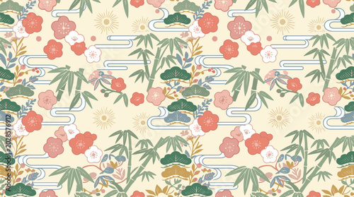 Bild auf Leinwand Japanese traditional seamless pattern with bamboo, pine tree, and plum blossom flowers vector backdrop
