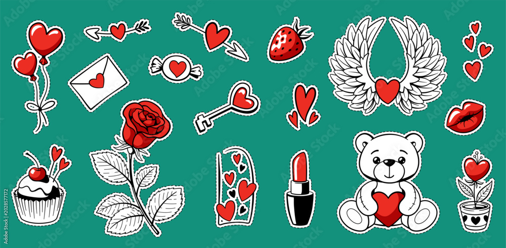 Fototapeta premium Groovy Valentines Day sticker set. Retro love characters and elements sticker pack. Vector romantic patches collection with heart shapes and dashed cut line. Ink hand drawn collection.
