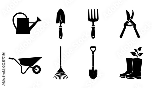 Fényképezés Gardening Tools Vector Icons Set, Black Silhouette Collection for Horticulture a
