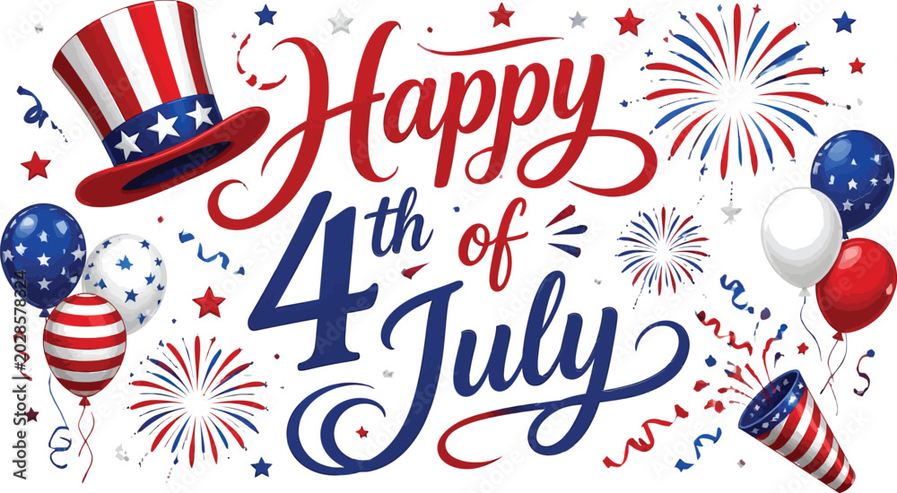 Obraz premium Happy 4th of july celebration design with fireworks uncle sam hat and colorful balloons for holiday