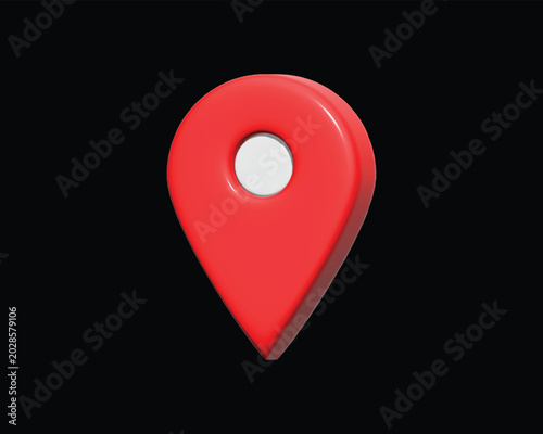 Red location map pin 3d icon isolated on black background for navigation and travel apps.