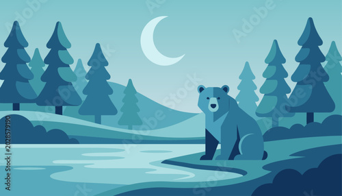 Tableau sur toile Minimalist bear landscape vector, wild grizzly bear in pine forest at night, ser