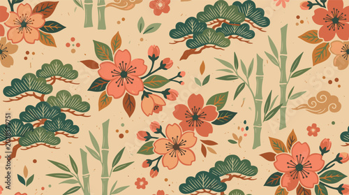 Fotografie Oriental floral background with vintage pine trees and decorative clouds seamles