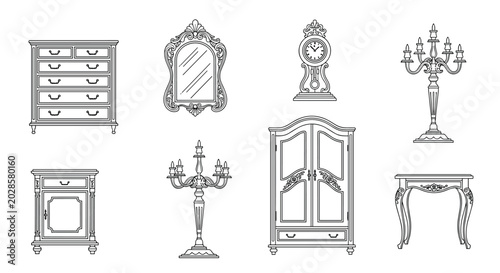 Classic vintage furniture line art set including a dresser, mirror, pendulum clock, candelabra, wardrobe, bedside table, and console.