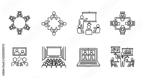 Set of line icons representing business meetings, presentations, and online collaborations in a modern office environment