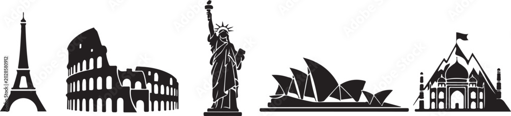 Naklejka premium Monochrome silhouettes of famous landmarks from around the world on white background