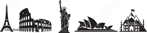 Monochrome silhouettes of famous landmarks from around the world on white background