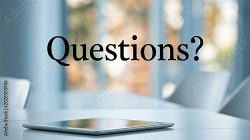 End slide presentation with question text on tablet in modern office, blurred background, blue tone, clean layout