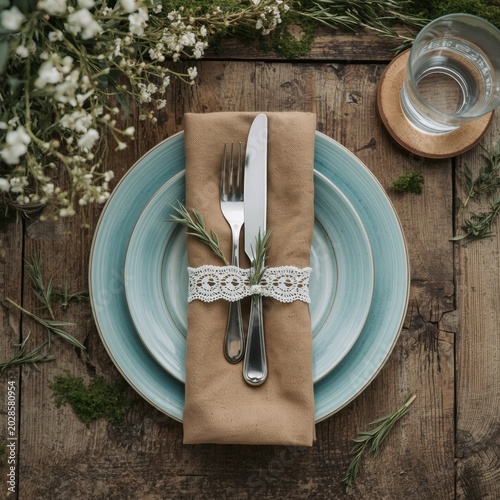 Rustic table place setting with blue ceramic plates linen napkin and fresh rosemary sprigs on wooden surface