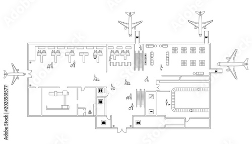 Photos Top view airport terminal floor plan with airplanes, passengers, waiting lounge