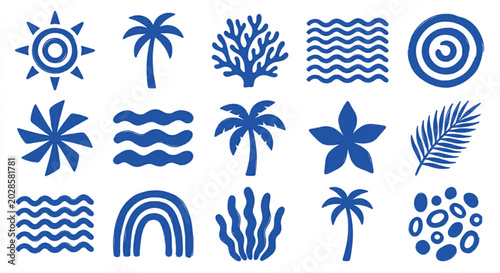 Photography Tropical beach icons set in blue linocut style, 15 summer vacation vector elemen