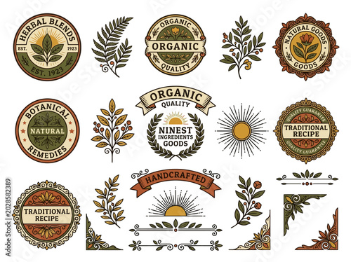 Vintage Botanical Badge and Label Set with Organic, Natural Goods, Herbal Blend, Traditional Recipe Emblems