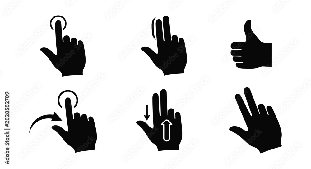 Fototapeta premium Hand gesture icons set touch and swipe actions silhouette
