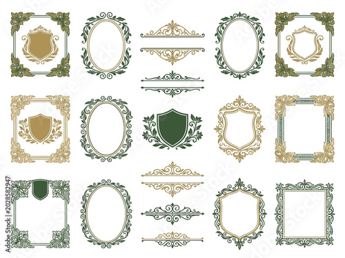 Elegant collection of luxury vintage monogram frames, decorative borders, and heraldic shields with intricate scrollwork
