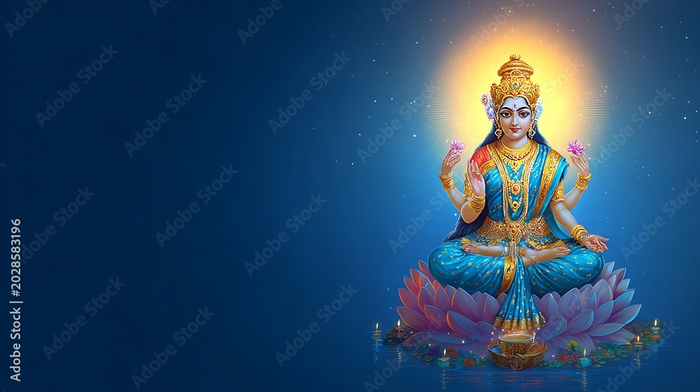 Obraz premium Divine figure, lotus throne, radiating light, traditional attire, and offering on a blue background