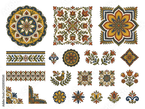 Ornate vintage folk art design collection featuring intricate floral patterns, decorative borders, and traditional cultural motifs.