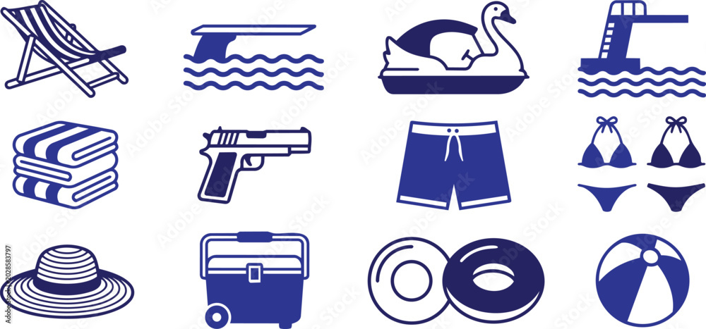 Fototapeta premium Summer recreation and pool accessories vector icons with deck chair lounge chair sun lounger diving board swan boat swimming pool diving platform high dive