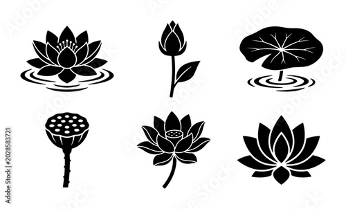 Set of 6 Black Lotus Flower Icons, Water Lily Vector Graphics, Botanical Elements for Spa, Wellness, and Zen Designs