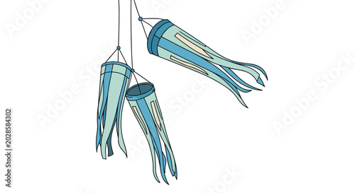 Fényképezés Three blue and white striped windsocks hanging and blowing gently in the breeze against a clean white background