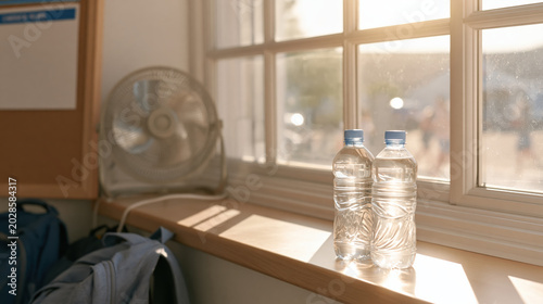 Sunlit classroom window with water bottle and electric fan for heat action plan