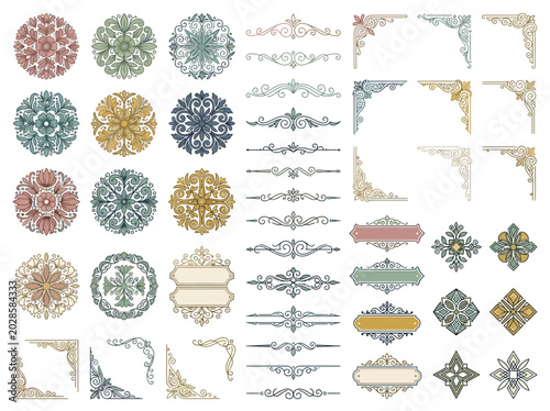 Retro Vintage Graphic Design Elements Collection: Ornate Corners, Dividers, Frames, and Floral Scrollwork Illustrations Set