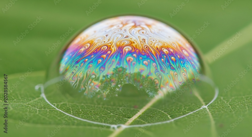 Fototapeta premium Macro View of a Rainbow Bubble on a Green Leaf.