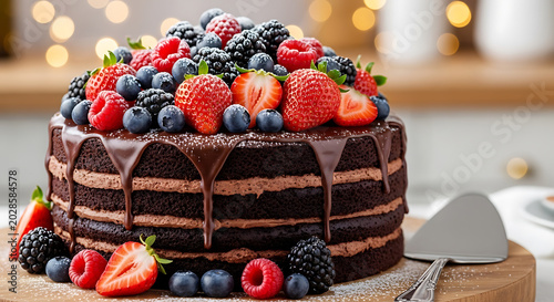 Chocolate layer cake topped with fresh berries on transparent background high quality