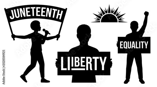 Canvas Print Juneteenth Celebration Silhouette People Holding Signs.
