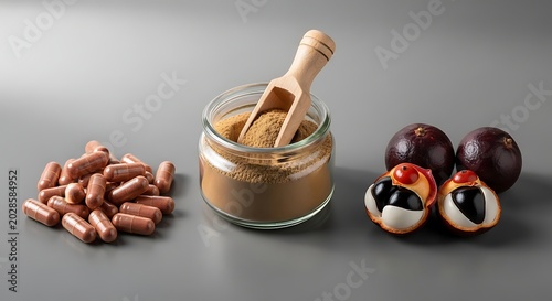 Mangosteen extract supplements and raw fruit display for health and wellness