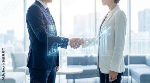 Business people shaking hands, with abstract financial data graph overlay, symbolizing partnership and success