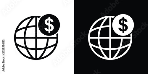 Global finance icon with globe and dollar coin. Worldwide economy, international business, trade, offshore banking, and global market vector.