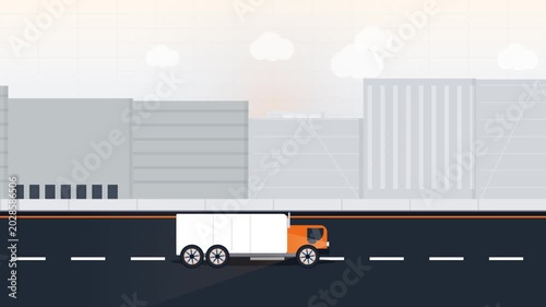 Flat Design Orange and White Cargo Delivery Truck Motion Graphic Loop