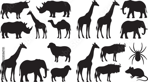 Photography Wild animal silhouettes collection with elephant giraffe rhinoceros camel and sa